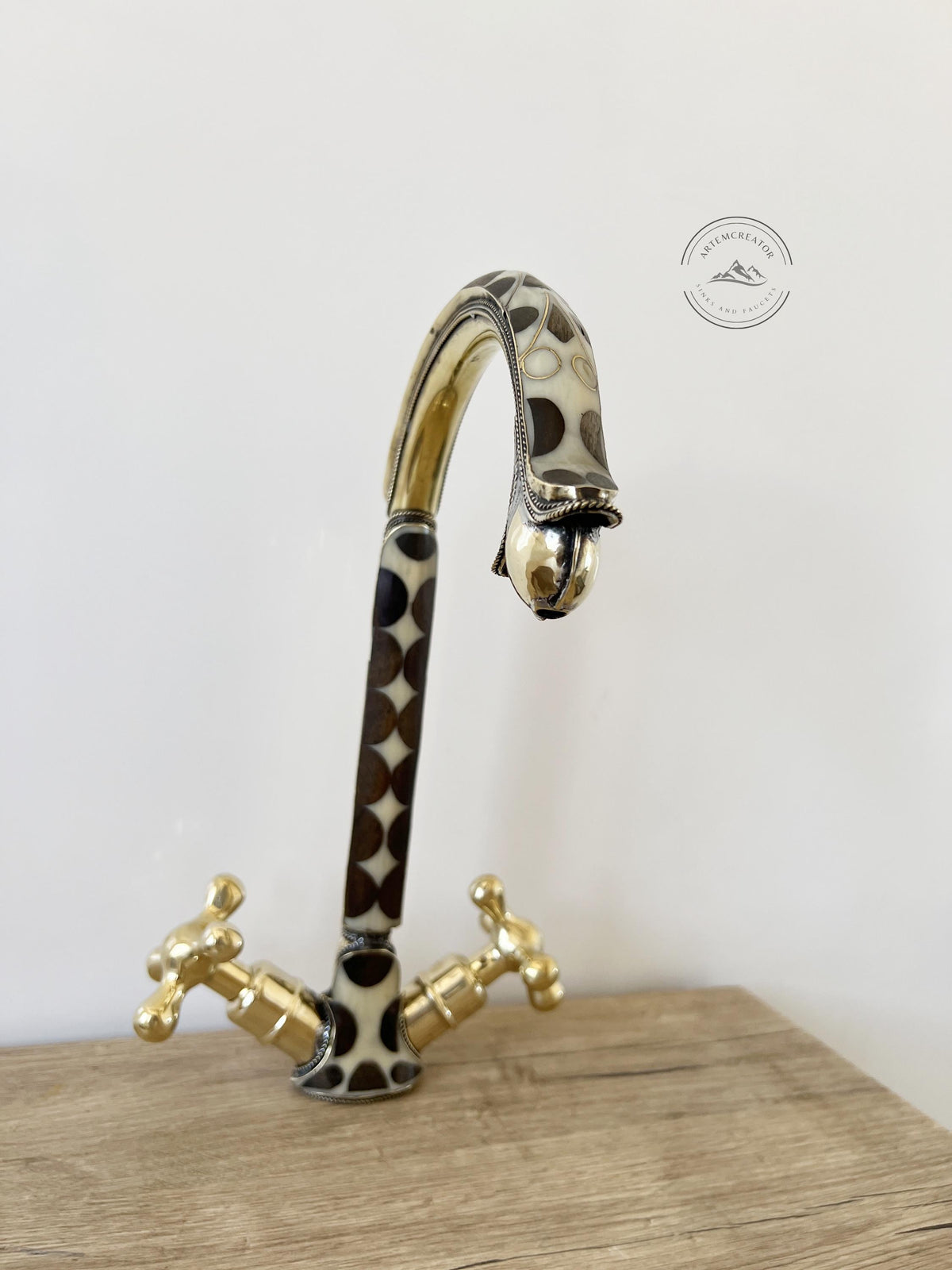 Unlacquered Brass Bathroom Faucet with Resin and Wood Accents, Vintage Sink Tap with Bone Inlay, Unique Handmade Solid B
