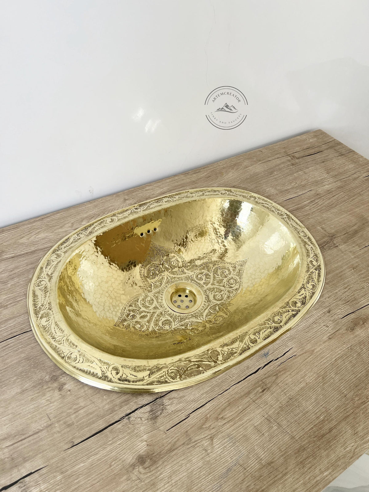 Engraved Oval Brass Drop-In Sink, Antique Unlacquered Brass Bathroom Sink, Handmade Moroccan Sink with Hammered Details,