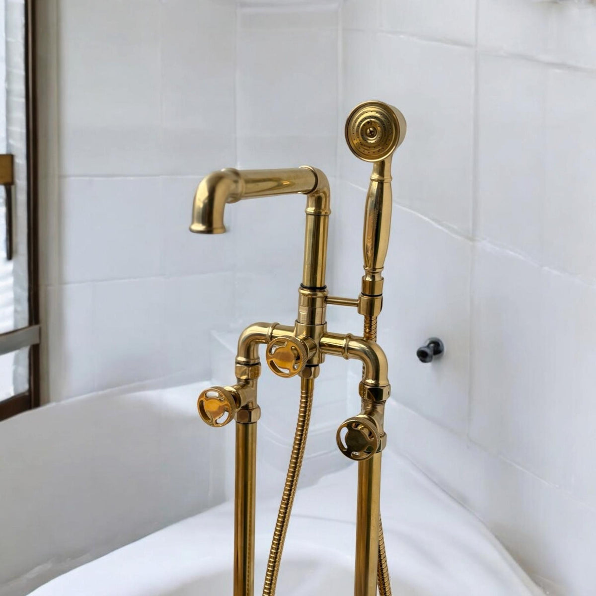 Unlacquered Brass Freestanding Tub Filler – Floor‑Mount Faucet With Hand Shower, Vintage Farmhouse Bathroom