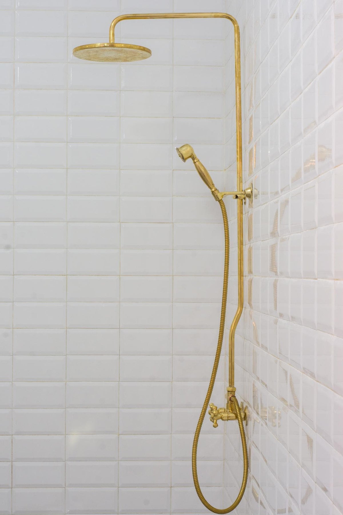 Brass Shower System, Round Shower Head, Unlacquered Brass Showerhead With Handheld Shower