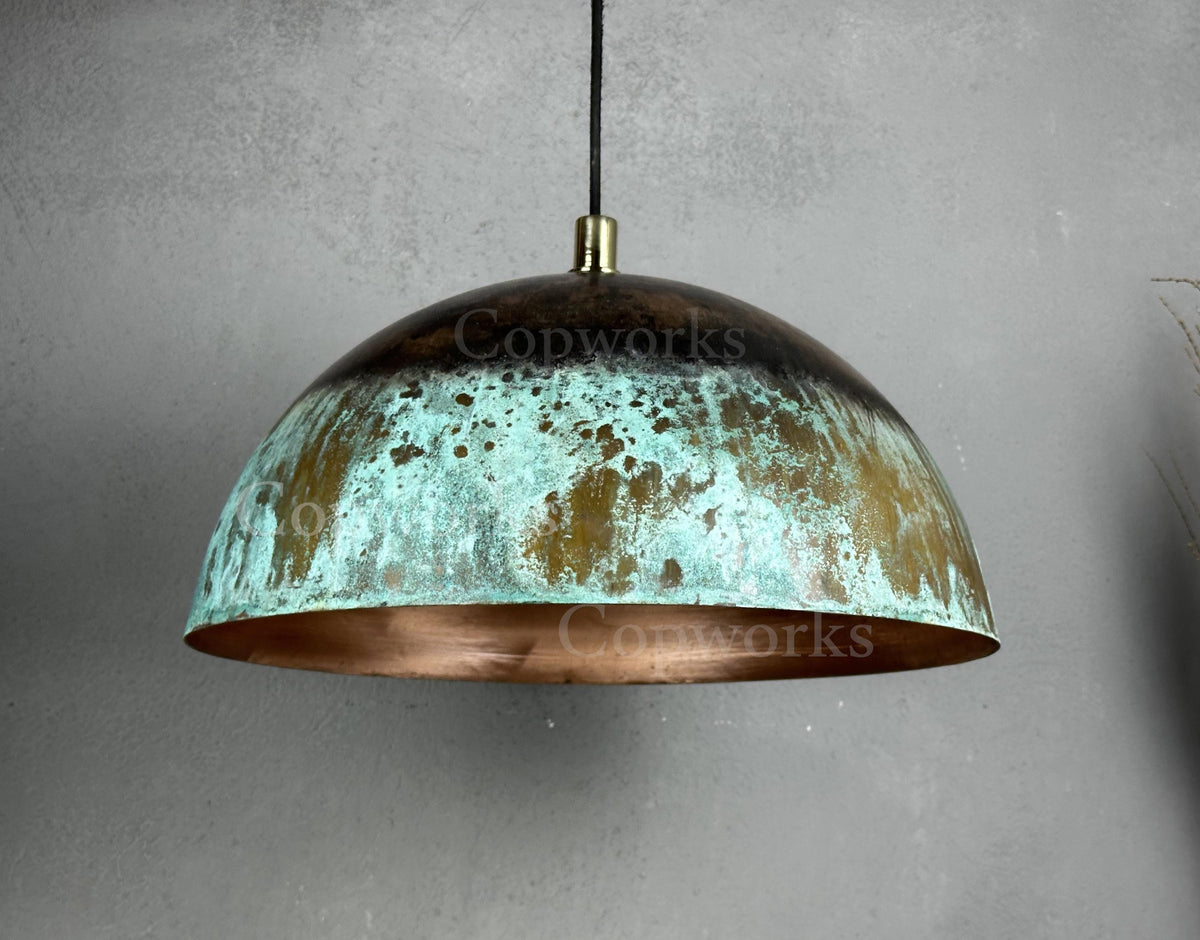 Green Patina Copper Pendant Light: Vintage Farmhouse Kitchen Lighting