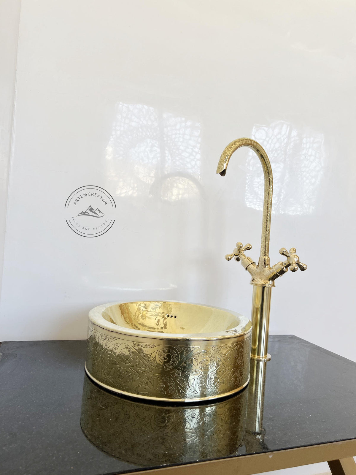 Solid Brass Vessel Sink for Bathroom, Handcrafted Round Drop-In Sink with Matching Brass Faucet, Hammered Brass Basin fo