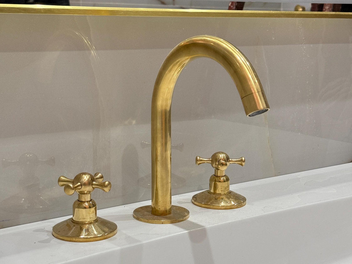 Unlacquered Brass Bathroom Faucet: 3-Hole Deck Mount, Cross Handles