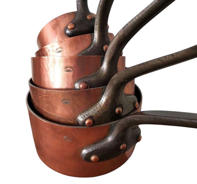 Vintage French Copper Cookware Set, 5 Piece Tin Lined Pots, 12cm-20cm, Vintage Hammered Pans with Cast Iron Handles