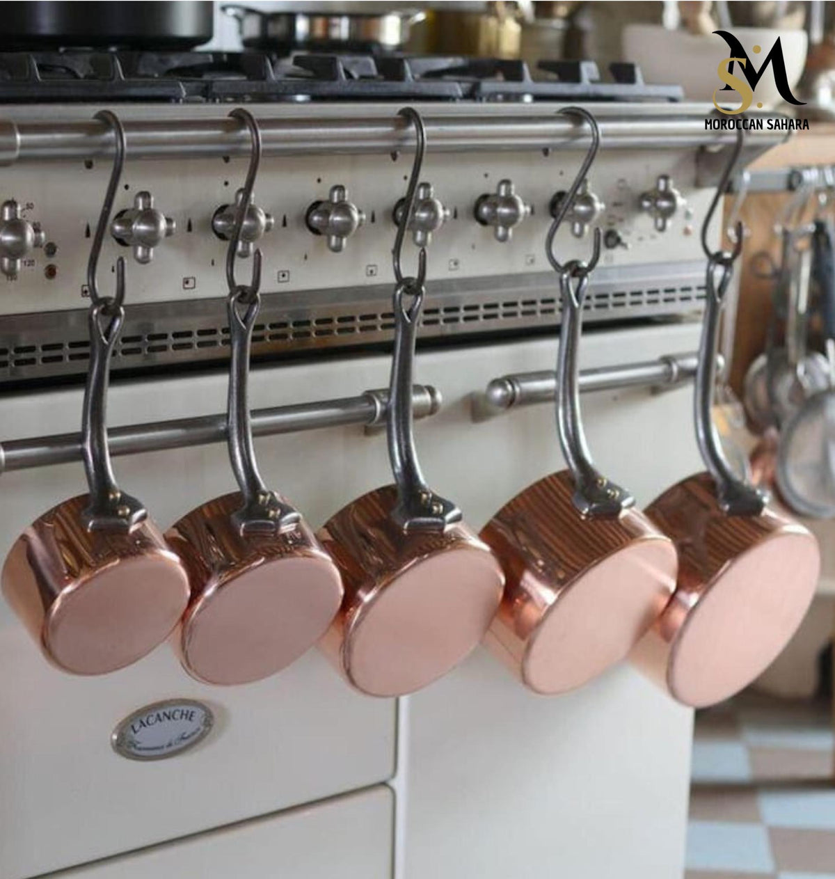 Vintage French Copper Cookware Set, 5 Piece Tin Lined Pots, 12cm-20cm, Vintage Hammered Pans with Cast Iron Handles