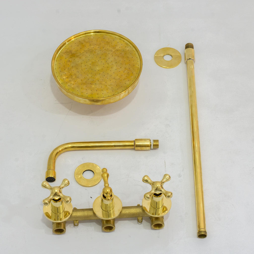 Solid Brass 2-Outlet Shower System, Overhead Shower With Tub Filler, Ceiling Rainfall Shower Set, Showerhead And Tub Fau