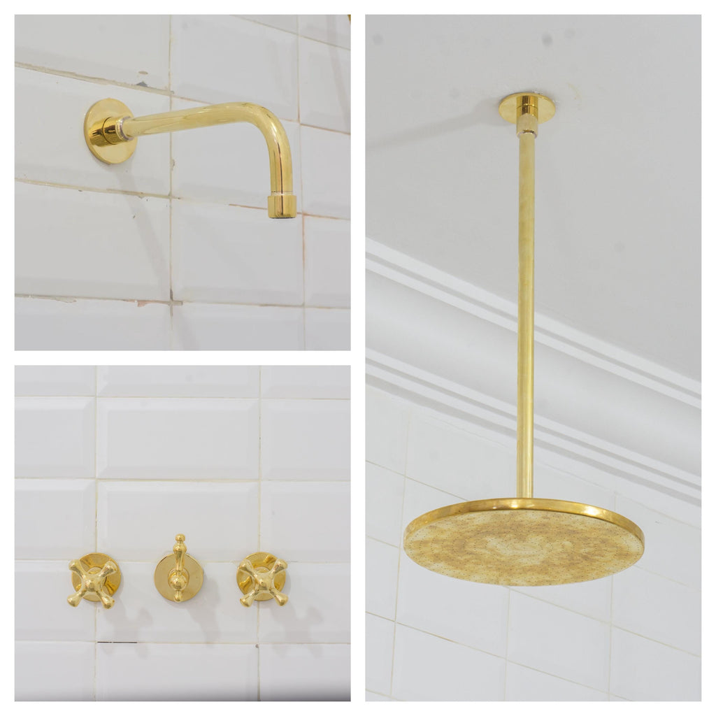 Solid Brass 2-Outlet Shower System, Overhead Shower With Tub Filler, Ceiling Rainfall Shower Set, Showerhead And Tub Fau