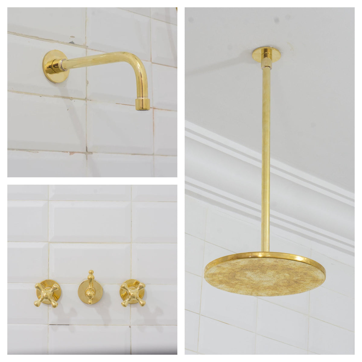 Solid Brass 2-Outlet Shower System, Overhead Shower With Tub Filler, Ceiling Rainfall Shower Set, Showerhead And Tub Fau