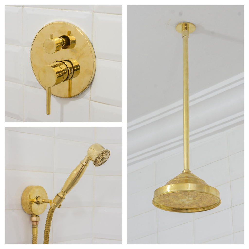 Unlacquered Brass 2-Outlet Shower, Ceiling Shower System, Overhead Shower With Handheld, Ceiling Mount Showerhead And Ha