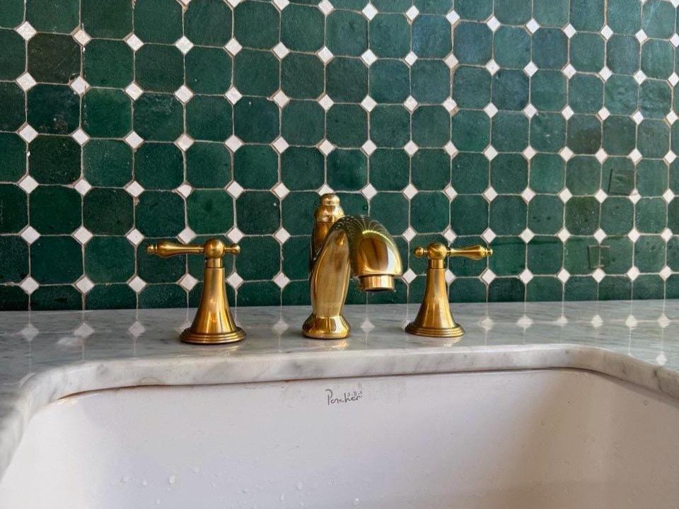 Unlacquered Brass Bathroom Faucet: Vintage Farmhouse 3-Hole Deck Mount