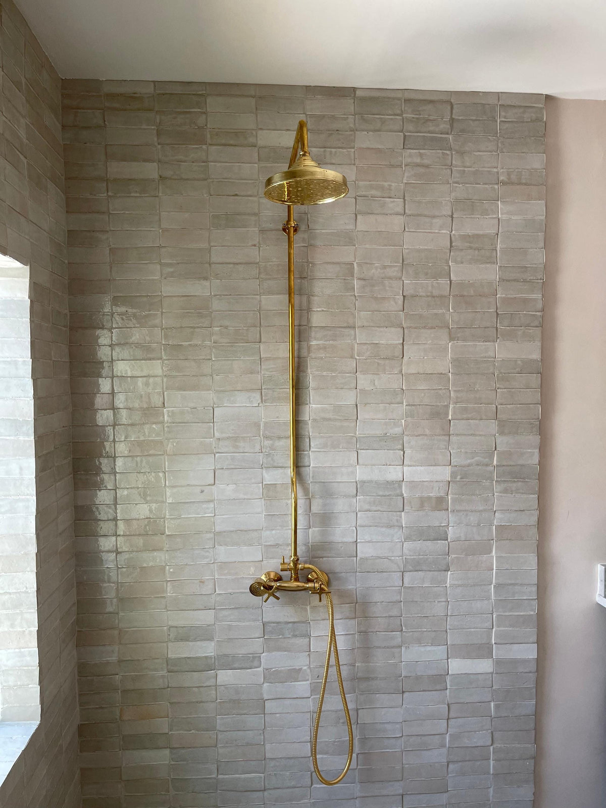 Unlacquered Brass Shower System, Handheld Shower And Shower Head Combo, Exposed Pipe