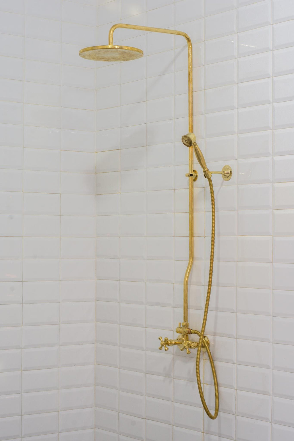 Brass Shower System, Round Shower Head, Unlacquered Brass Showerhead With Handheld Shower