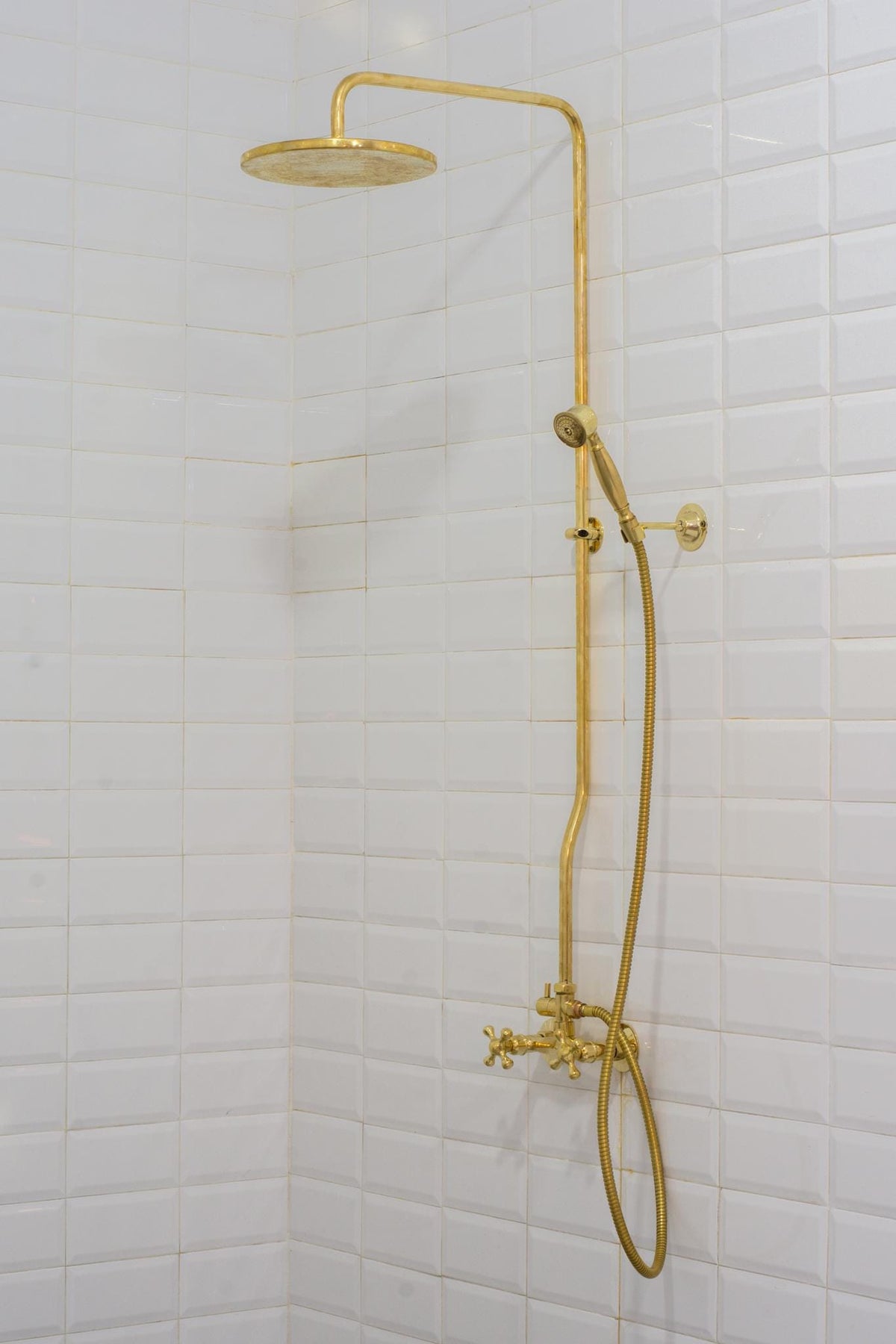 Brass Shower System, Round Shower Head, Unlacquered Brass Showerhead With Handheld Shower