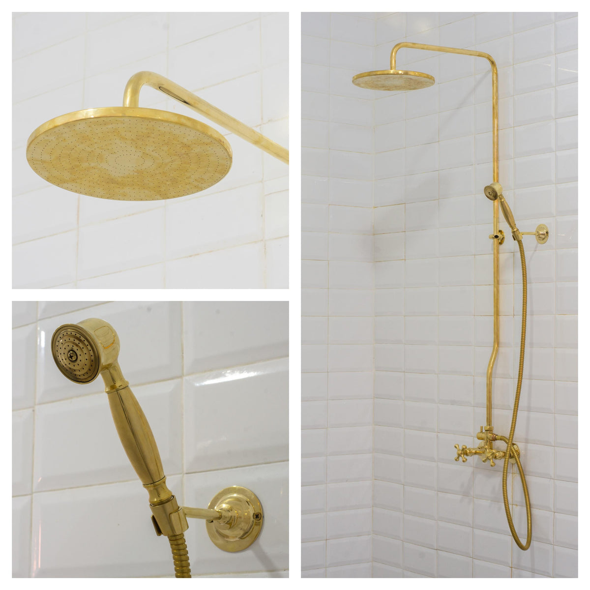 Brass Shower System, Round Shower Head, Unlacquered Brass Showerhead With Handheld Shower