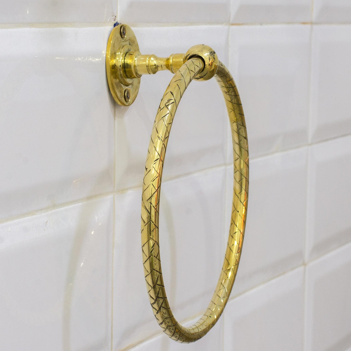 Unlacquered Brass Bathroom Towel Holder, Wall Mount Brass Towel Holder, Hand Etched Towel Ring