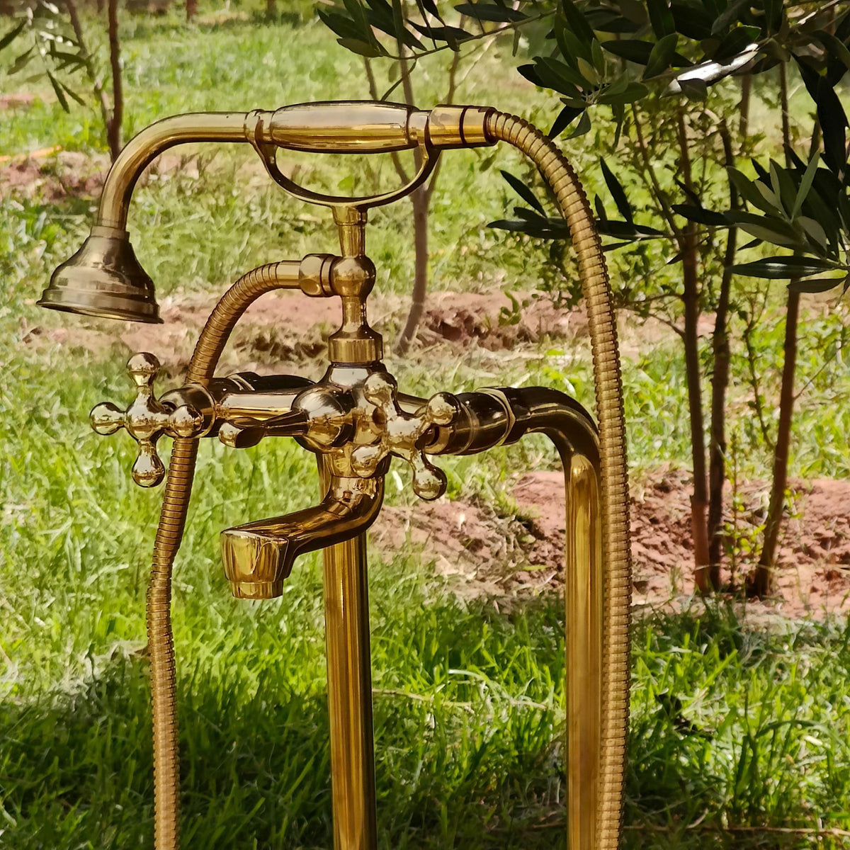 Unlacquered Brass Tub Filler Faucet: Floor-Mount Vintage Farmhouse Bath