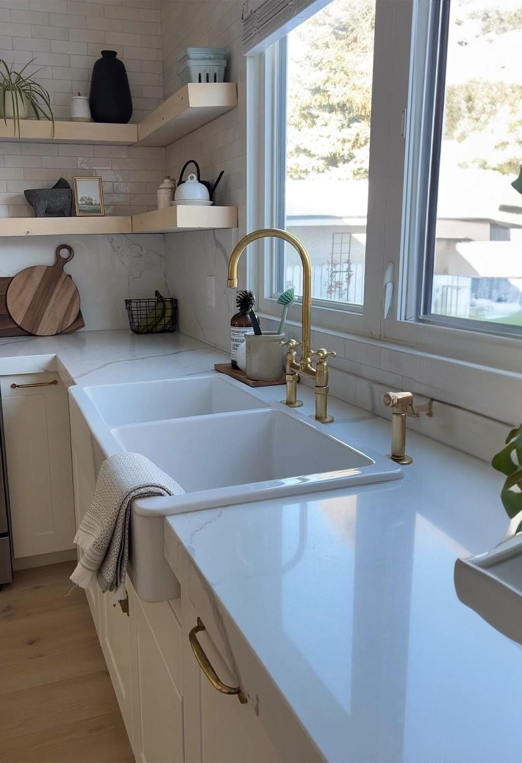Unlacquered Brass Bridge Kitchen Faucet - Antique Style