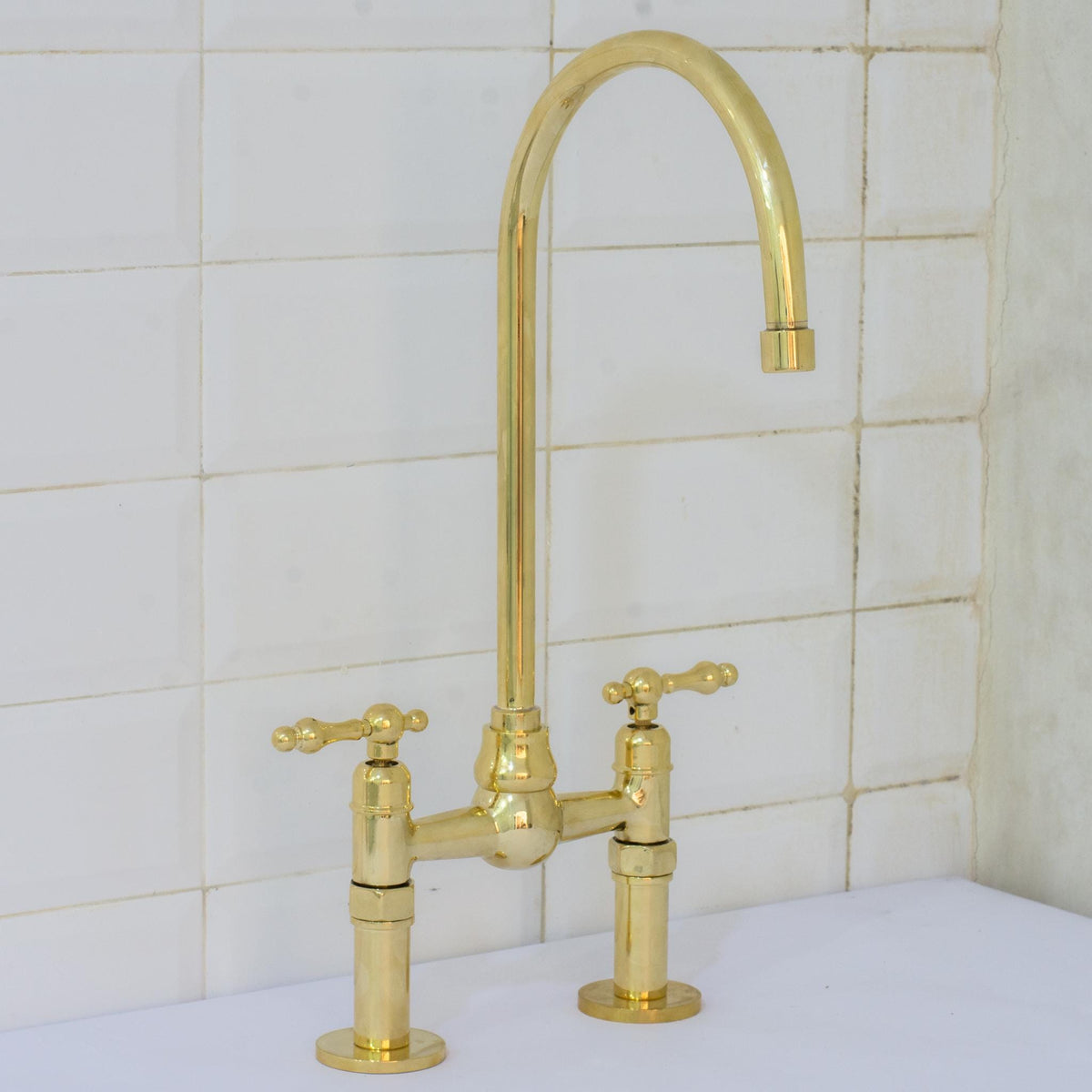 Unlacquered Brass Ball Center Bridge Faucet, Bridge Kitchen Faucet, 2-Hole Kitchen Faucet, Brass Kitchen Faucet