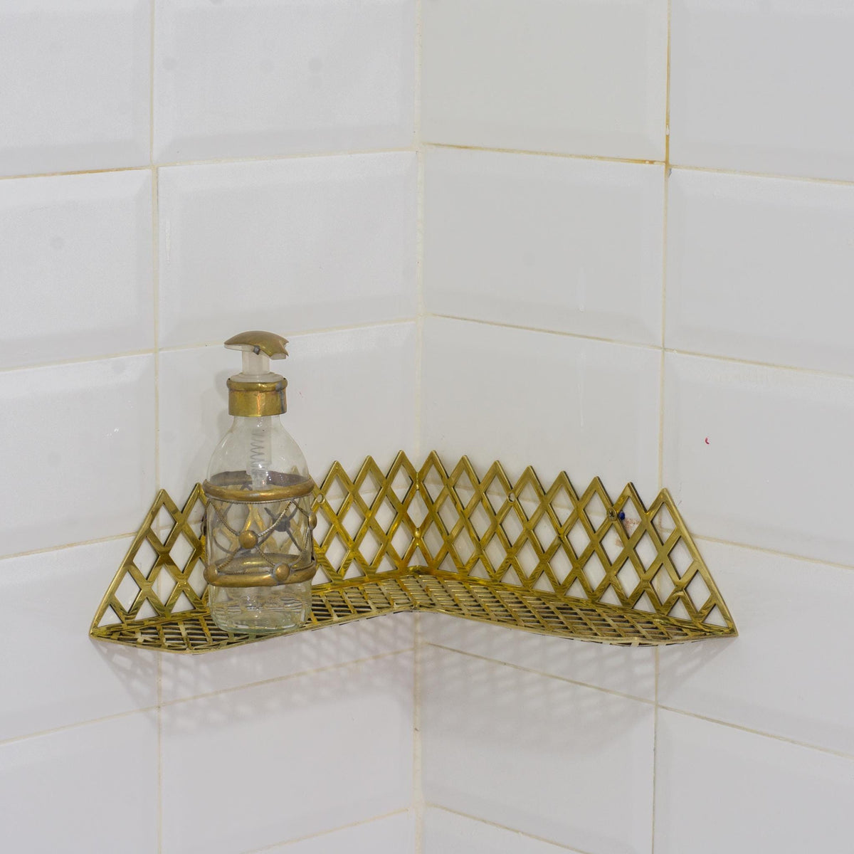 Unlacquered Brass Corner Shower Shelf Grid, Brass Floating Shower Caddy, Shower Draining Shelf, Corner Storage Shelf