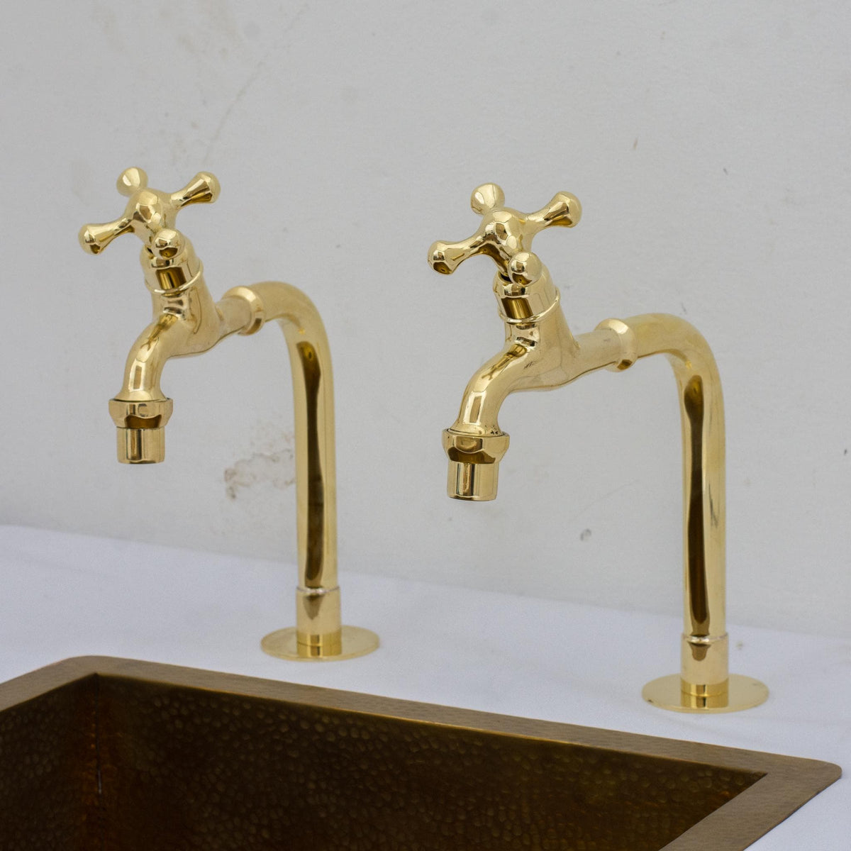 Solid Brass Kitchen Bib Taps, Deck Mount Pillar Taps, Kitchen Double Faucet Set, Hot and Cold Pair Taps