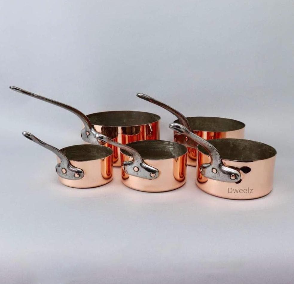 Vintage French Copper Cookware Set: Hammered Tin-Lined Pans