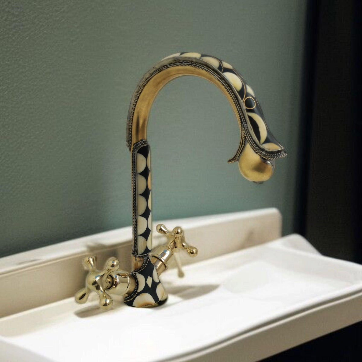 Unlacquered Brass Bathroom Faucet with Resin & Bone Inlay
