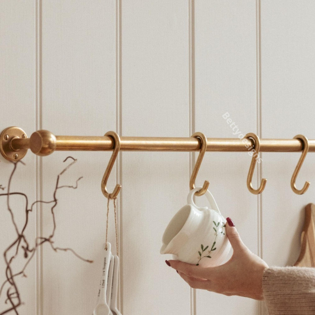Unlacquered Brass Kitchen Pot Rail, Wall Mounted Pan Rack with S Hooks