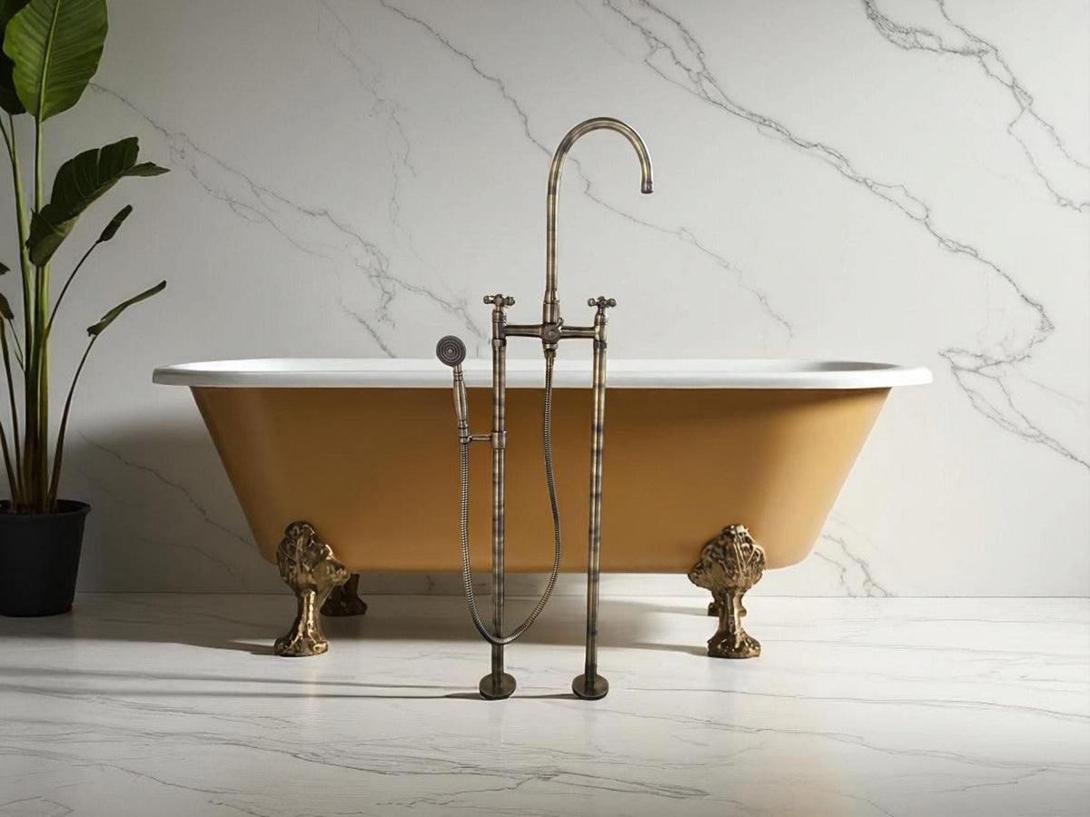 Brushed Brass Floor Mount Tub Filler with Handshower