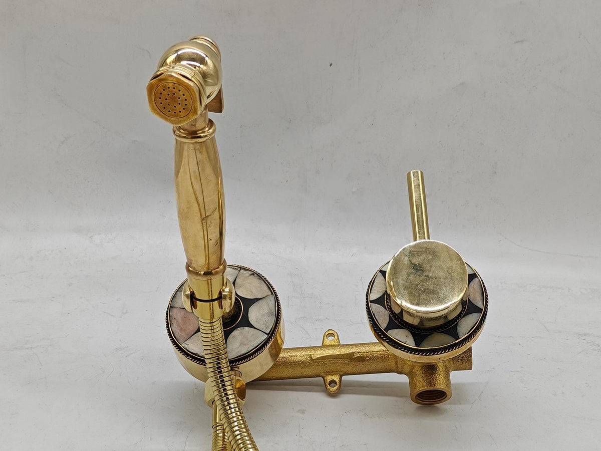 Brass Wall-Mount Bidet: Bone & Resin Inlay, Vintage Hand Shower