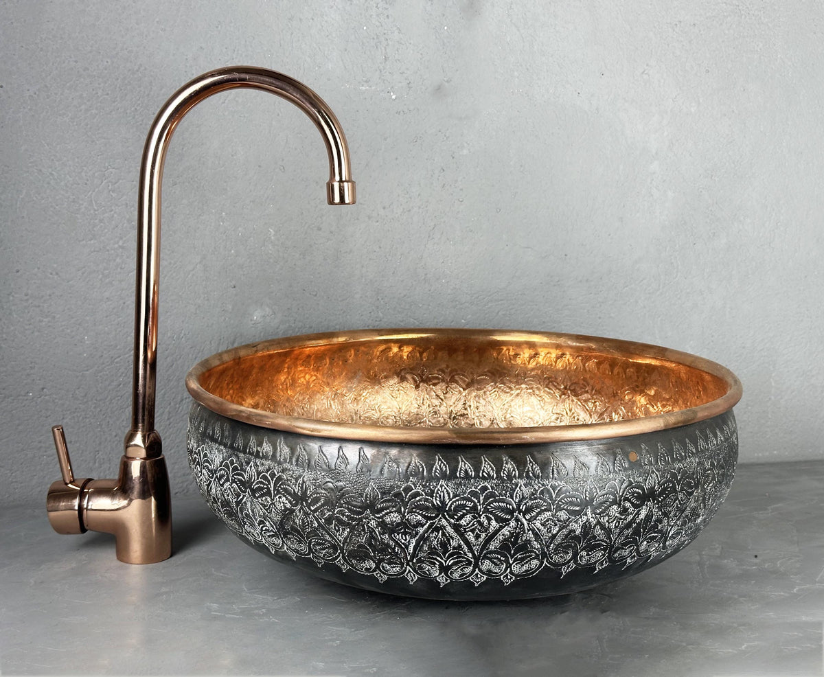 Hand Hammered Black Patina Copper Sink Bowl: Rustic Bathroom Vanity