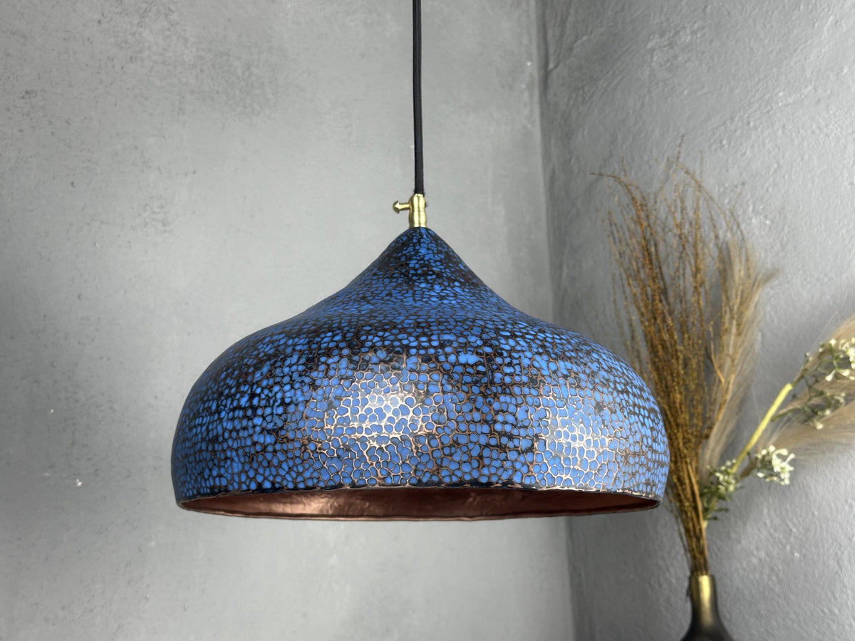 Hammered Copper Pendant Light, Handmade Blue Ceiling Light Island Kitchen
