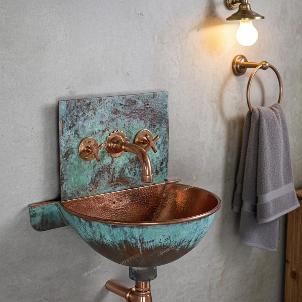Oxidized Copper Wall Mounted Bathroom Sink, Hammered Copper Washbasin Vanity