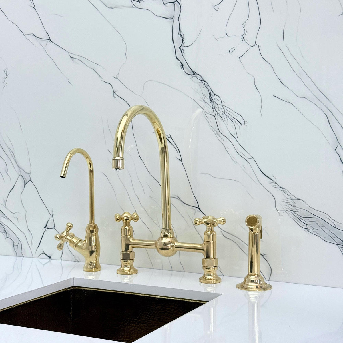 Unlacquered Brass Bridge Kitchen Faucet: Sprayer & Cold Water Tap