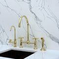 Unlacquered Brass Bridge Kitchen Faucet, Ball Center, Sprayer, Cold Tap, Cross Handles
