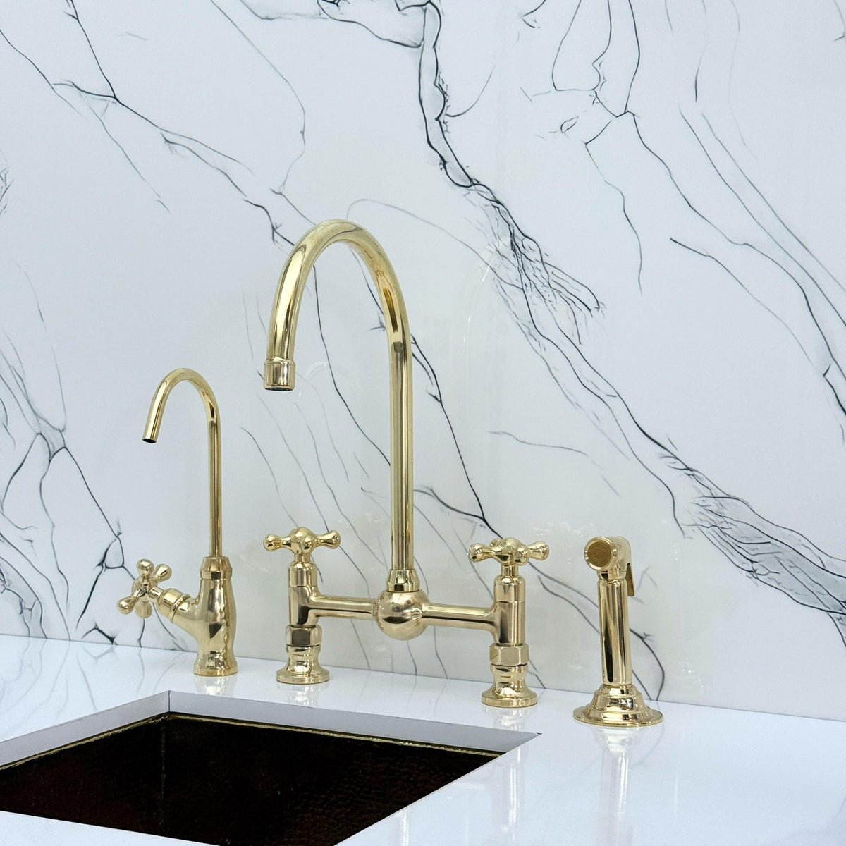 Unlacquered Brass Bridge Kitchen Faucet, Ball Center, Sprayer, Cold Tap, Cross Handles