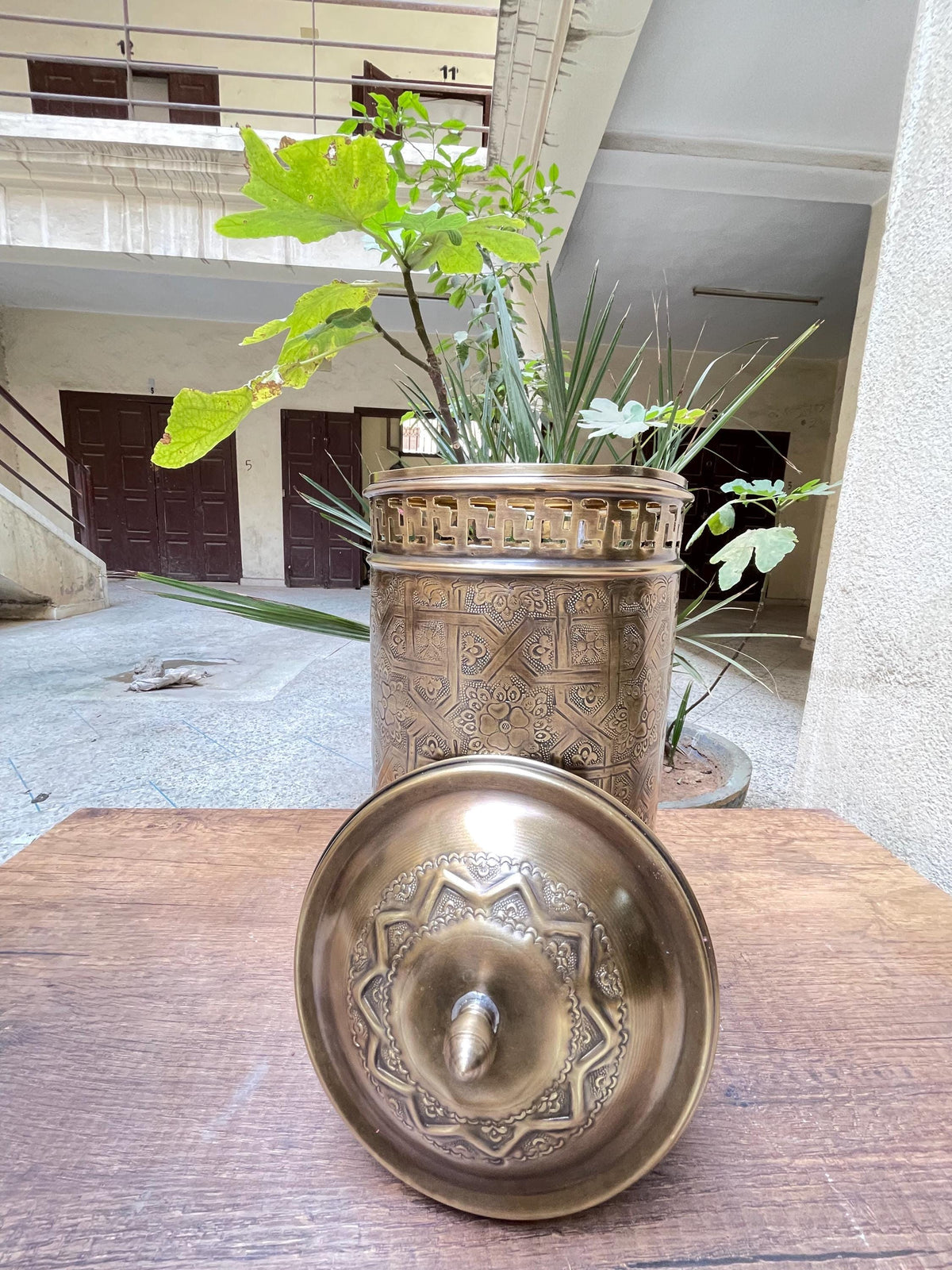 Exquisite Moroccan Brass Bathroom Storage Basket and Engraved Waste Paper Trash Can - Elegant Brass Decorative Bathroom Accessories