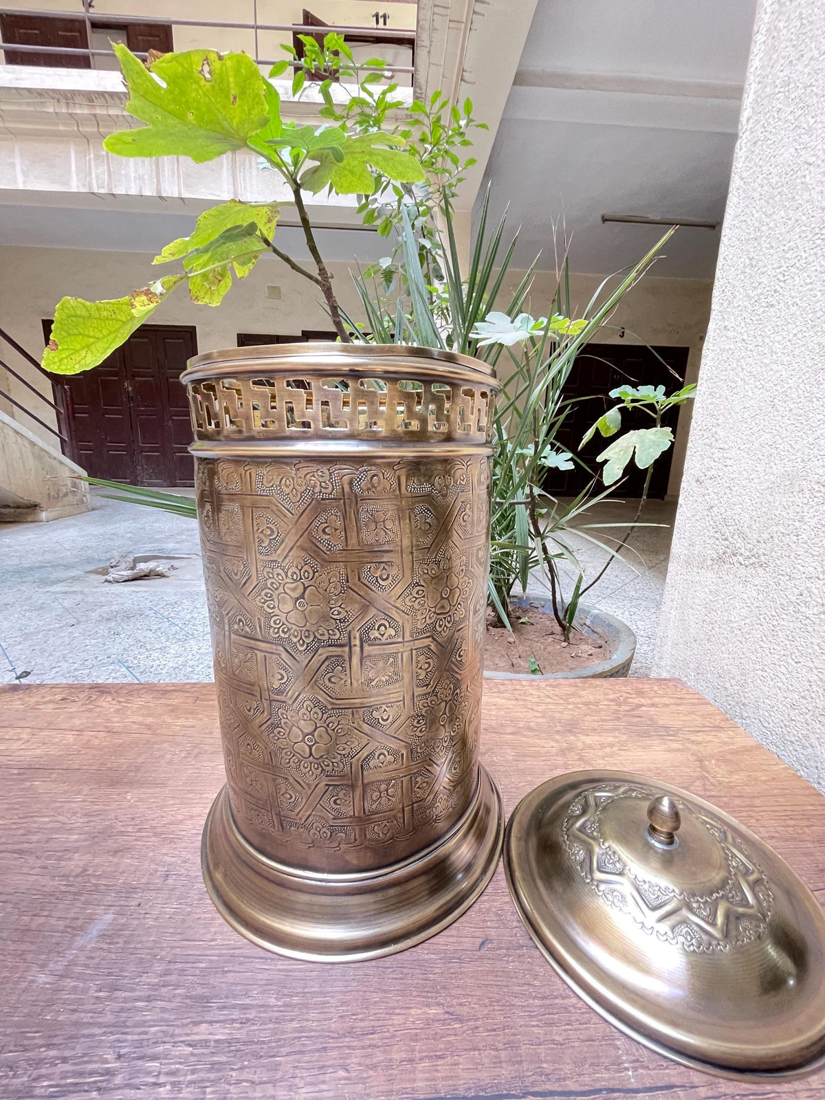 Exquisite Moroccan Brass Bathroom Storage Basket and Engraved Waste Paper Trash Can - Elegant Brass Decorative Bathroom Accessories