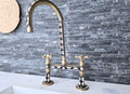 Unlacquered Brass Bridge Faucet – Moroccan Kitchen Tap with Bone & Black Resin Inlay – 8” Widespread Artisan Mixer Tap