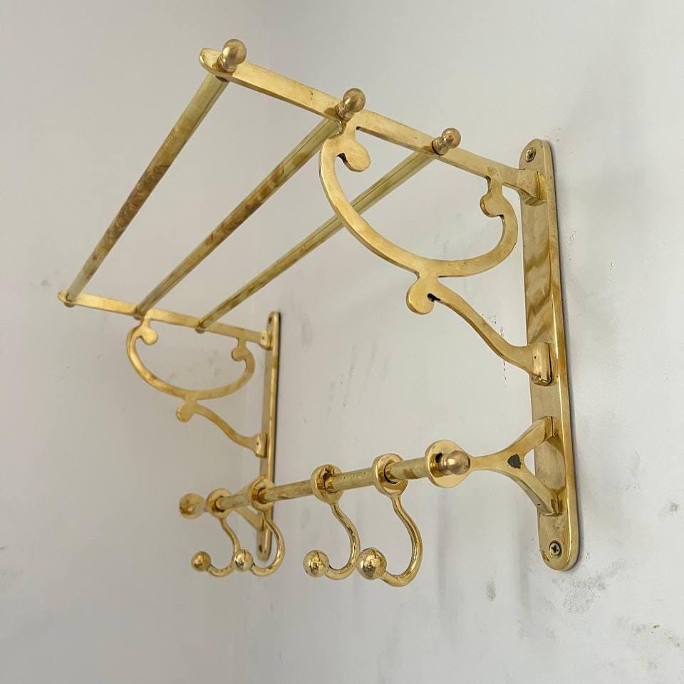 Unlacquered Brass Towel Rack with Shelf: Vintage Farmhouse Organizer