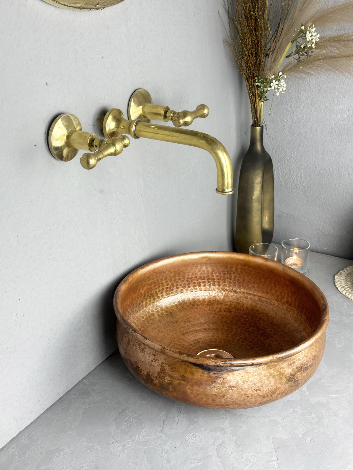 Handcrafted Aged Copper Vessel Sink: Patina Hammered Round Basin
