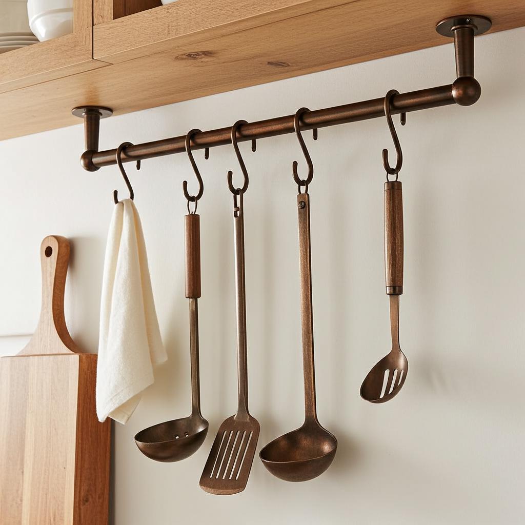 Aged Copper Ceiling Pot Rack: Rustic Kitchen Utensil Rail with S Hooks