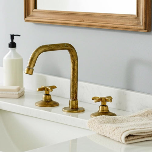Aged Brass Bathroom Faucet: Antique Style, 3-Hole Widespread Design