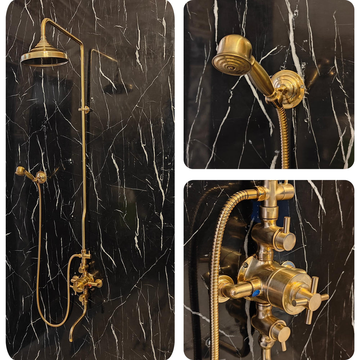 Unlacquered Brass Thermostatic Shower System: Rainfall Head, Handheld, Tub Filler