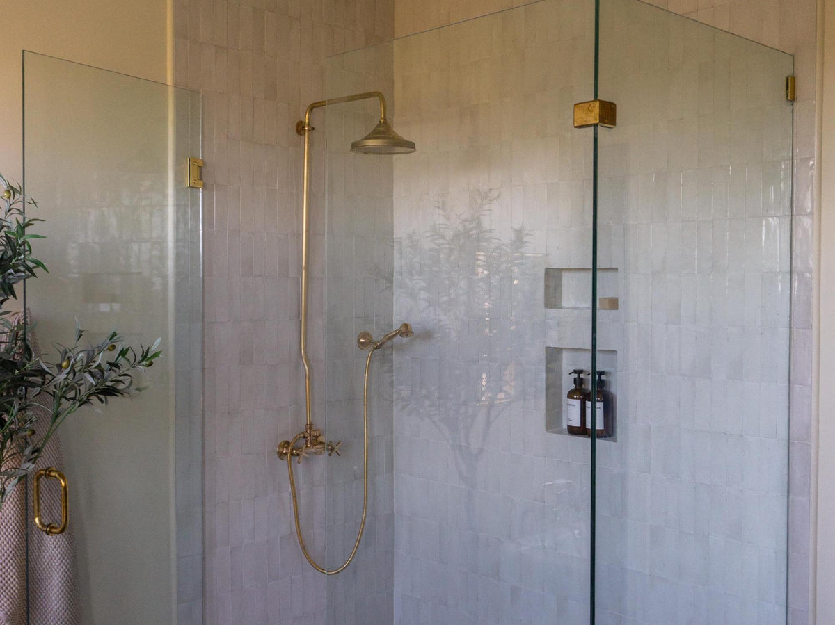 Unlacquered Brass Shower System: Rainfall Head & Handheld Sprayer