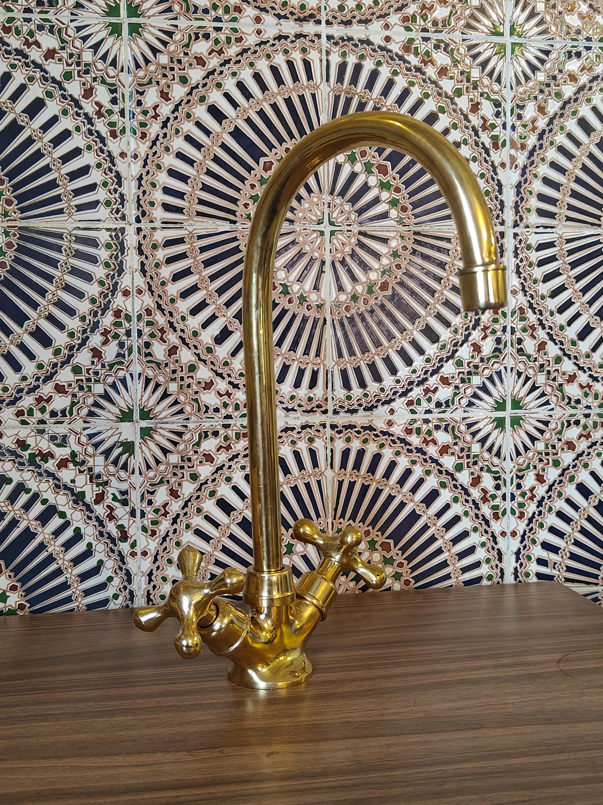 Unlacquered Brass Kitchen Faucet: High-Arc Gooseneck, Cross Handles