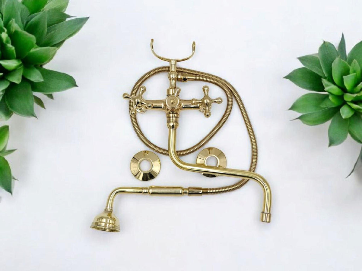 Handmade Unlacquered Brass Bathtub Faucet with Hand Shower: Vintage Wall Mount Mixer