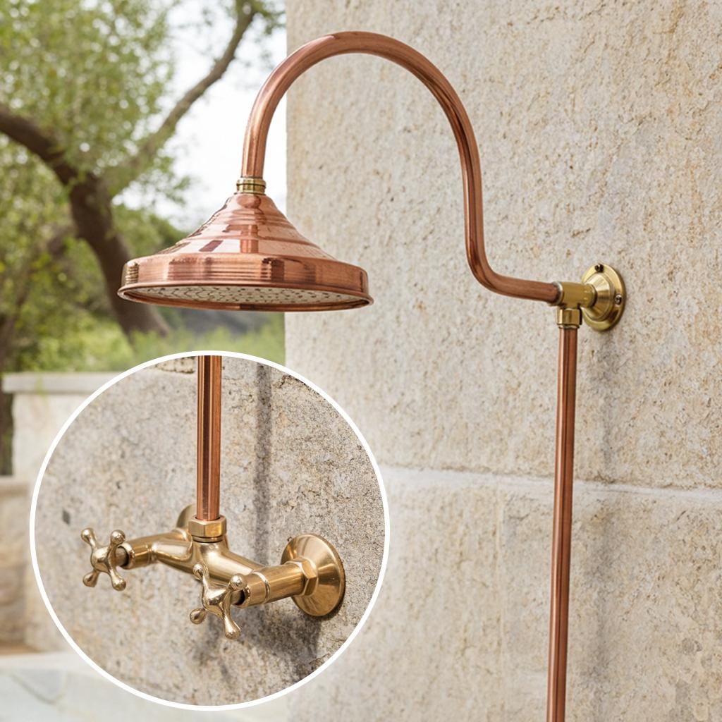 Wall Mounted Copper Outdoor Shower – Rustic Garden & Poolside Rain Shower, Handmade Patio Fixture