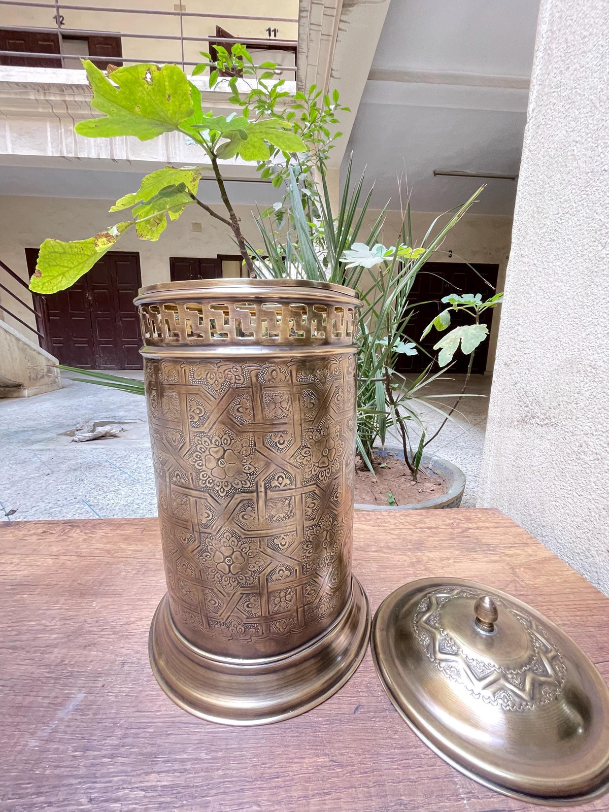 Exquisite Moroccan Brass Bathroom Storage Basket and Engraved Waste Paper Trash Can - Elegant Brass Decorative Bathroom Accessories