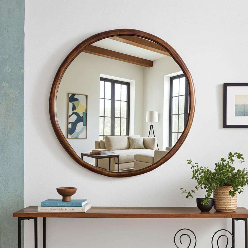 Round Aged Copper Wall Mirror – Rustic Industrial Bathroom, Entryway & Living Room Accent