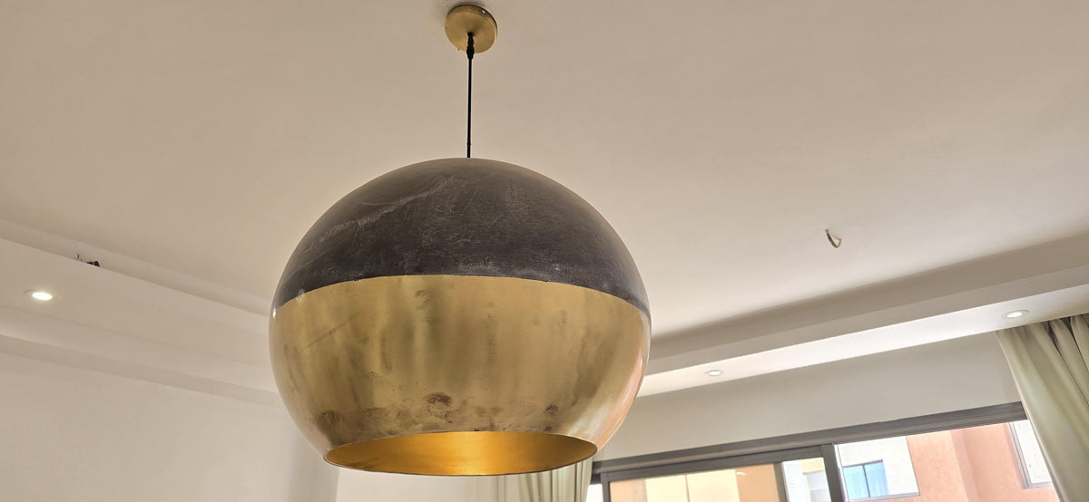 Moroccan Dome Pendant Light – Black and Gold Hanging Lamp – Brass Ceiling Fixture – Handmade Lighting – Industrial Loft 